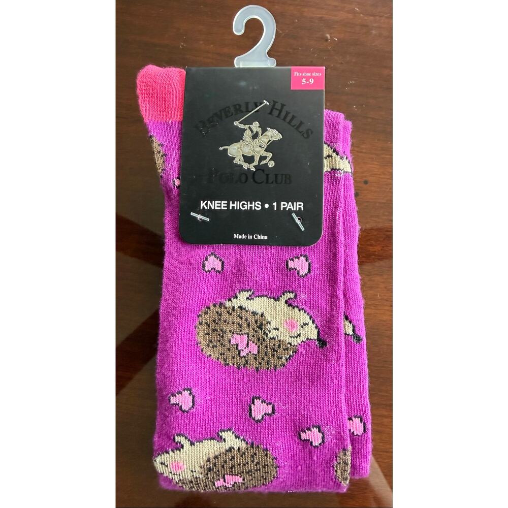 Beverly Hills Polo Club Knee High Socks Pink Hedgehogâ Hearts Womens 5-9 NWT
